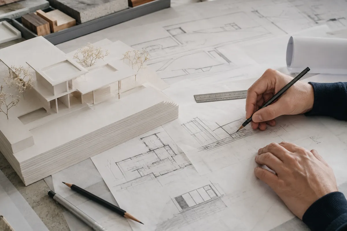 Mesa de desarrollo de un proyecto arquitectónico con maqueta y planos