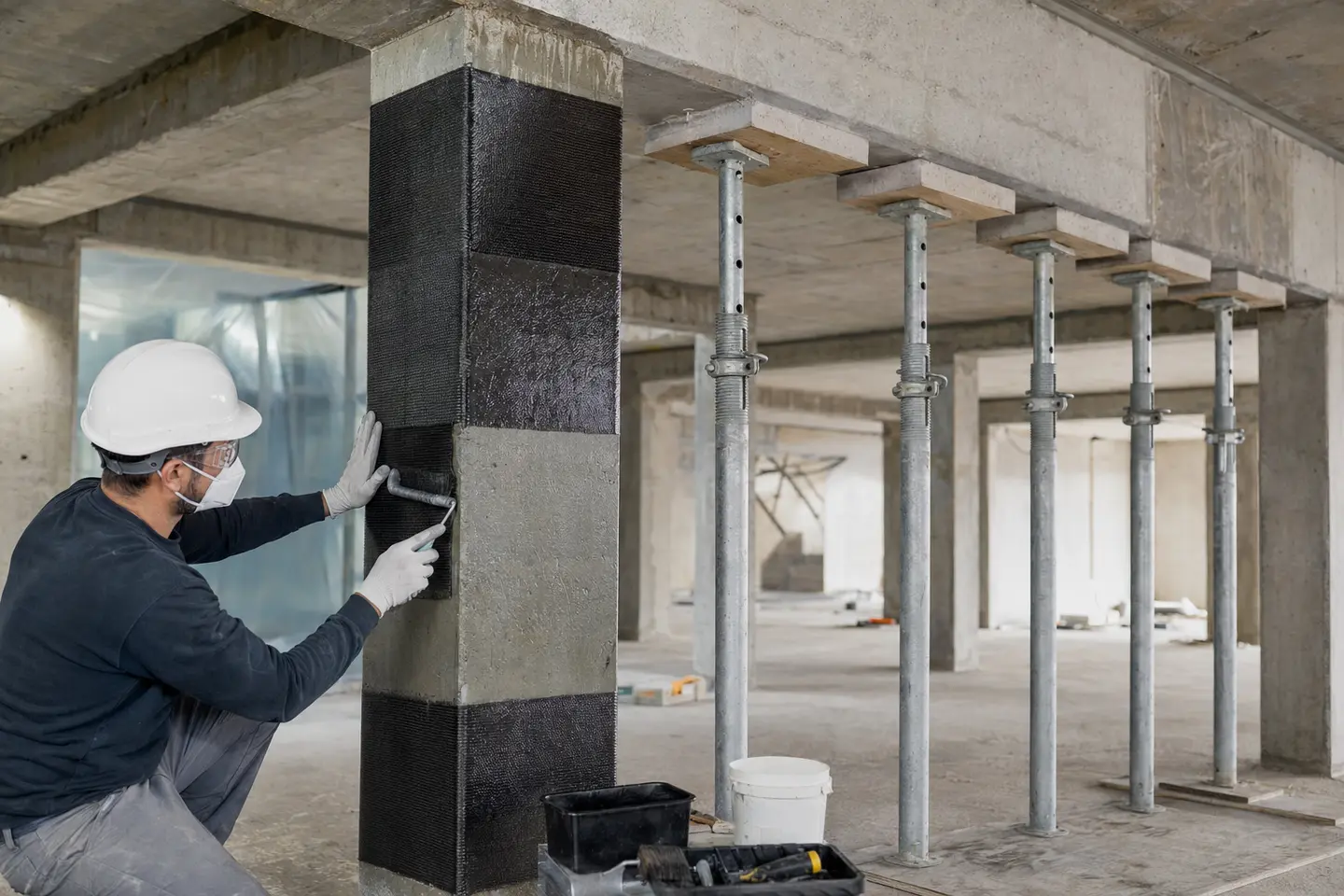 Refuerzo de una columna mediante fibra de carbono y apuntalamiento controlado Refuerzo de una columna mediante fibra de carbono y apuntalamiento controlado