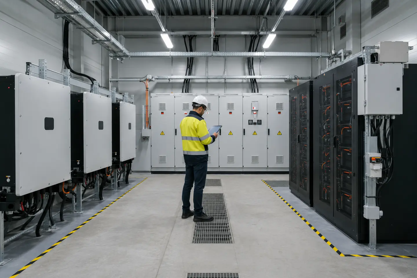 Sala técnica de inversores, tableros y almacenamiento para uso industrial